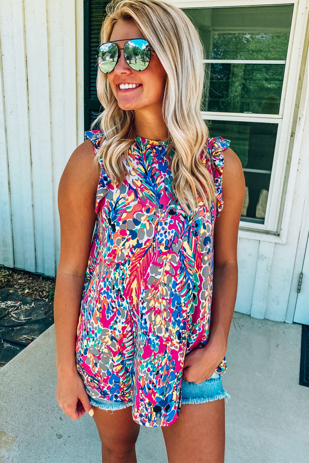 Rose Floral Print Tank Top with Ruffles