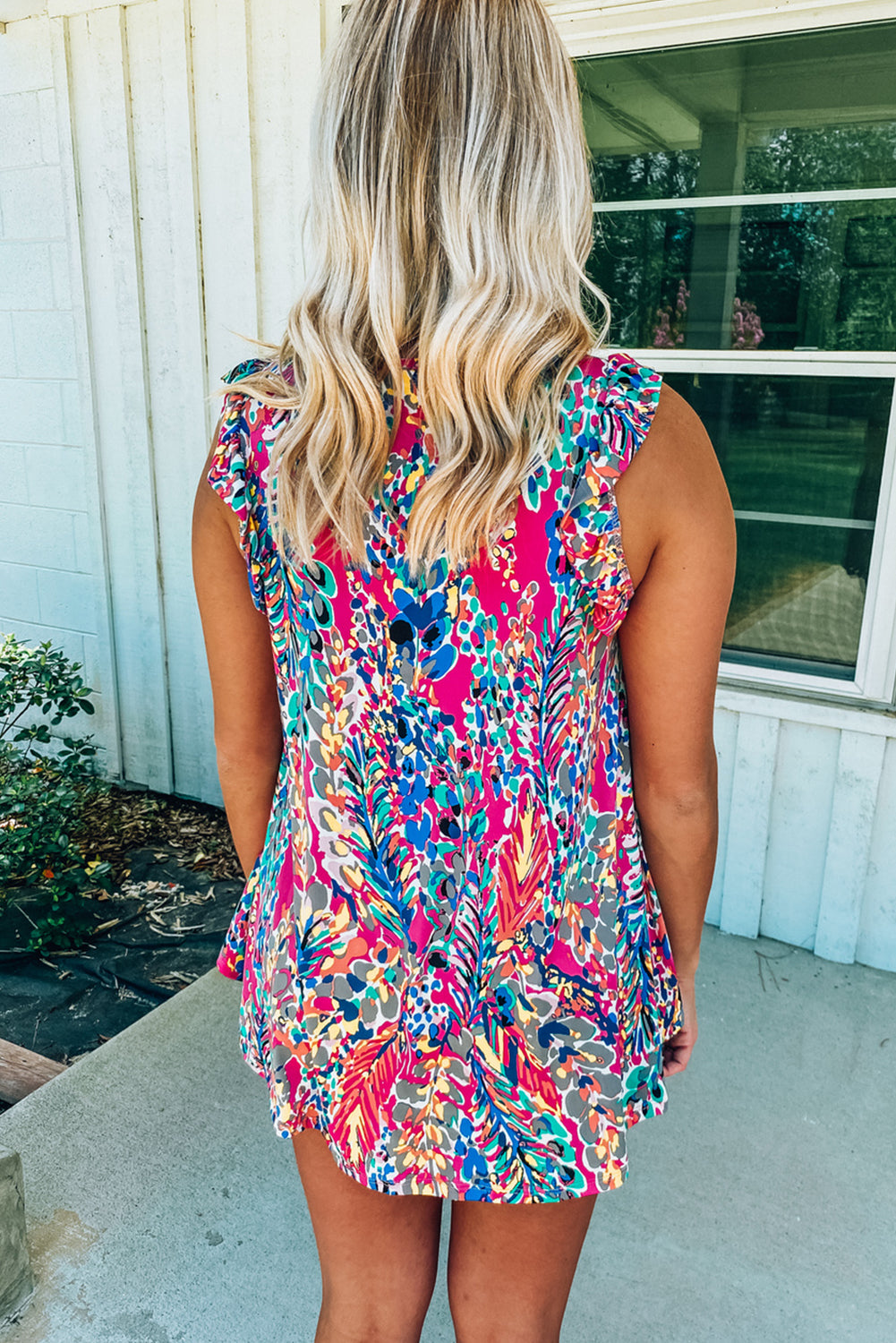 Rose Floral Print Tank Top with Ruffles