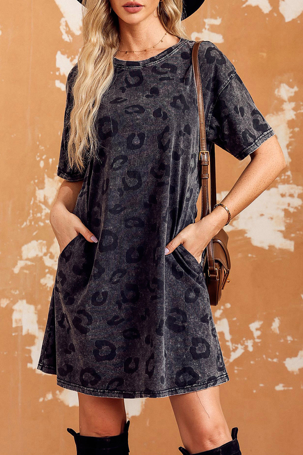 Gray Vintage Washed Leopard T-Shirt Dress with Pockets