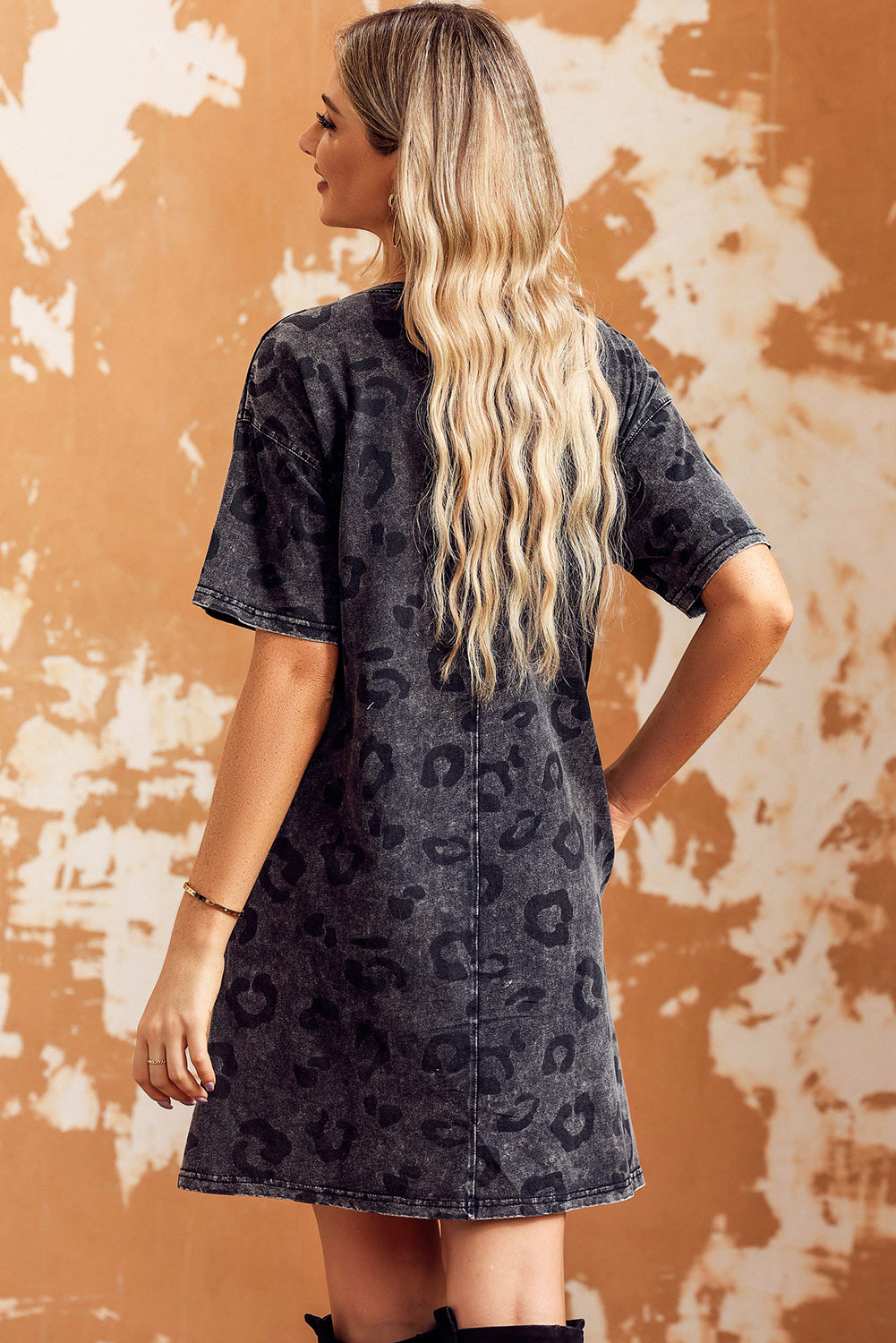 Gray Vintage Washed Leopard T-Shirt Dress with Pockets