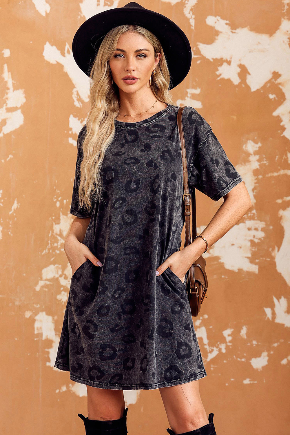 Gray Vintage Washed Leopard T-Shirt Dress with Pockets