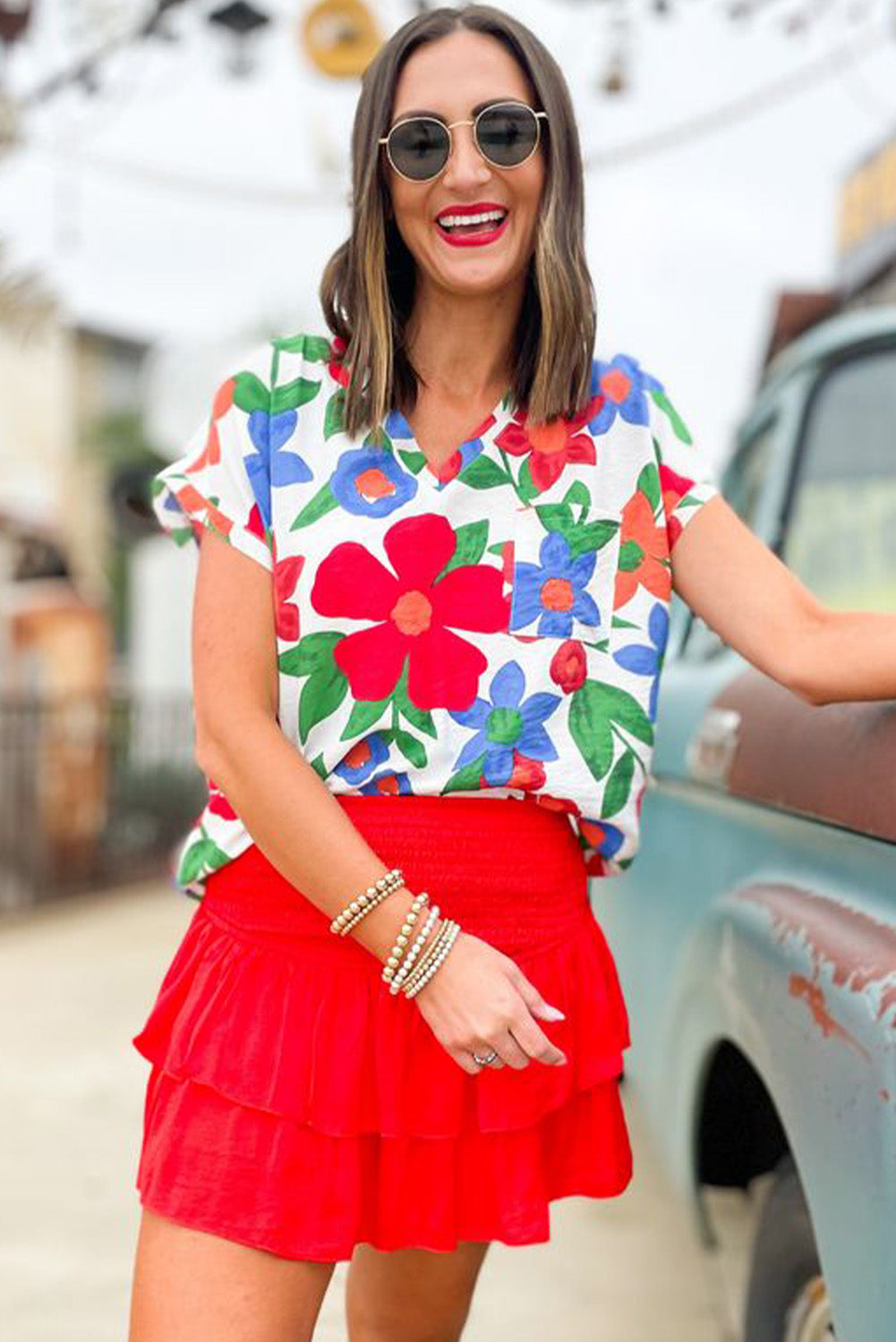 Flower Print Chest Pocket V Neck Blouse