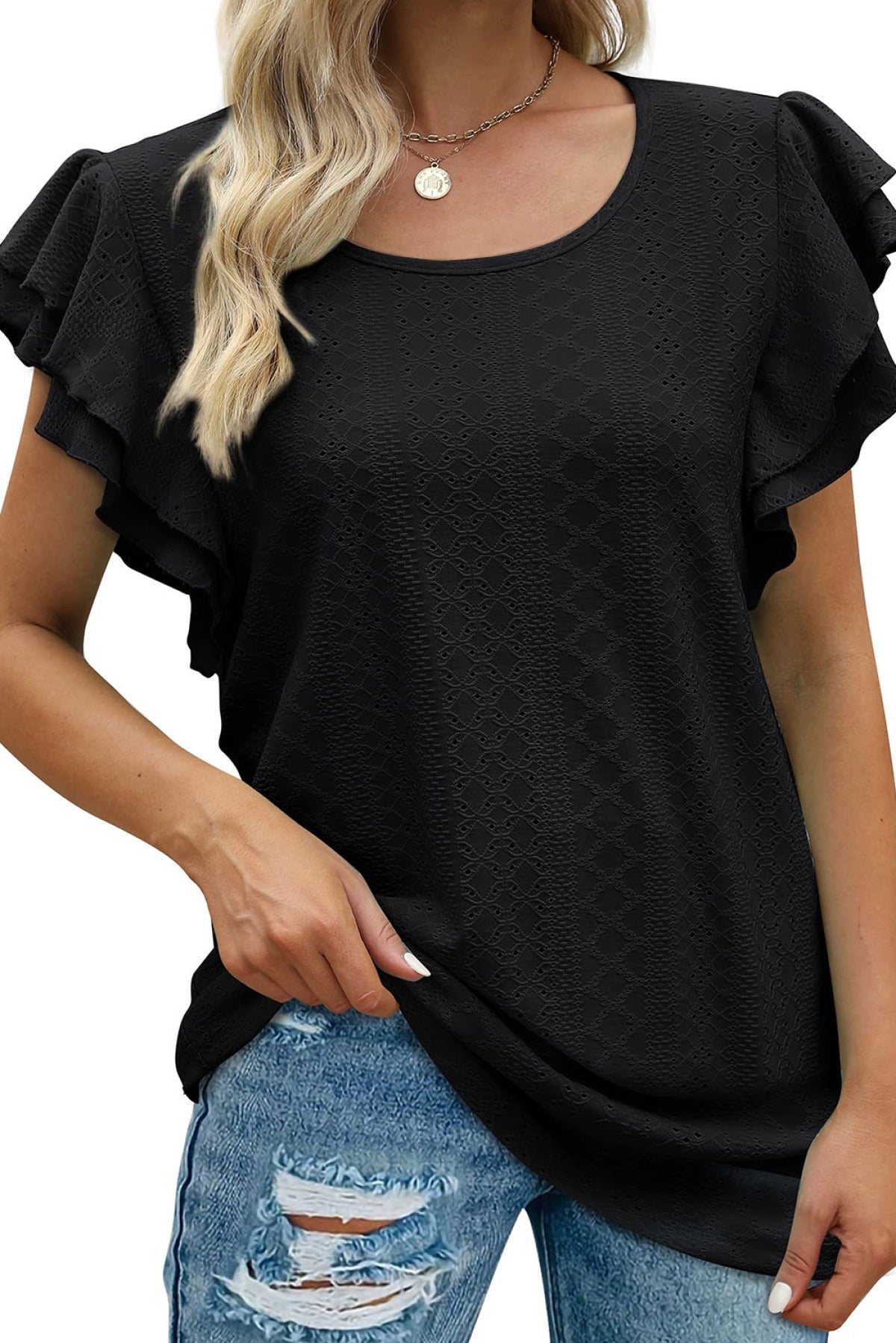 Rhombus Textured Ruffle Short Sleeve Blouse