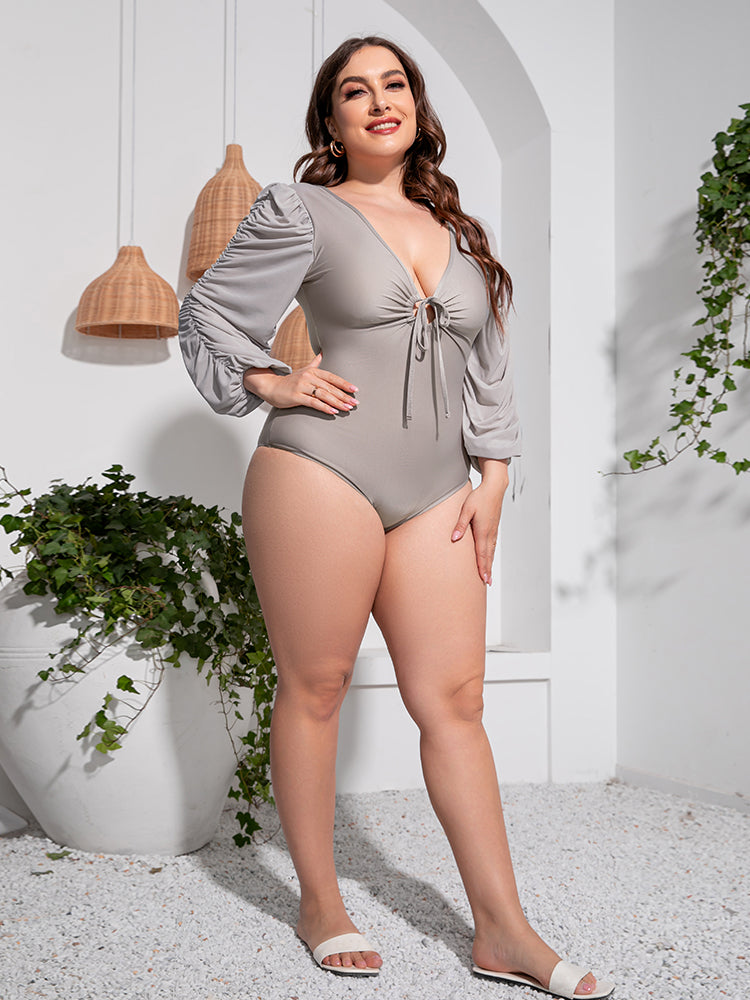 Plus Size Tied Deep V Balloon Sleeve One-Piece Swimsuit