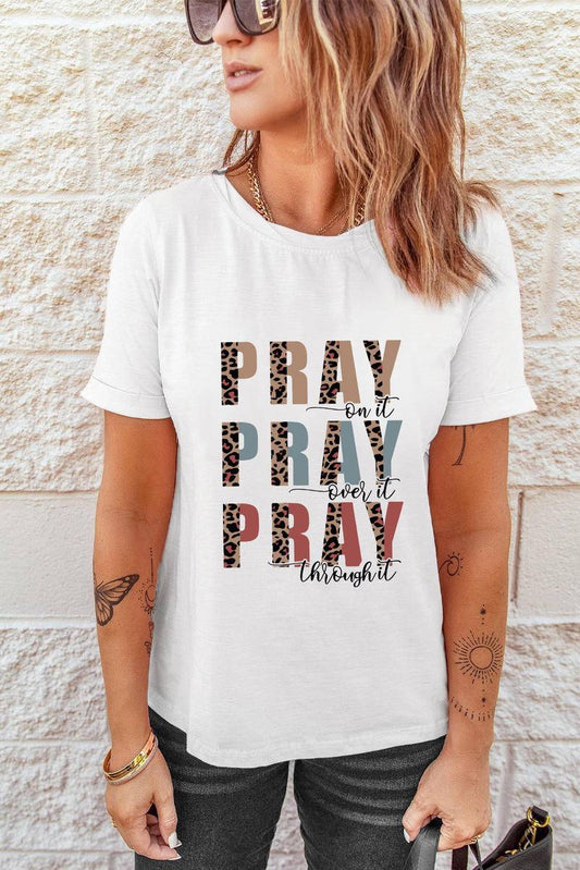 PRAY Leopard Letter Print Short Sleeve T-Shirt