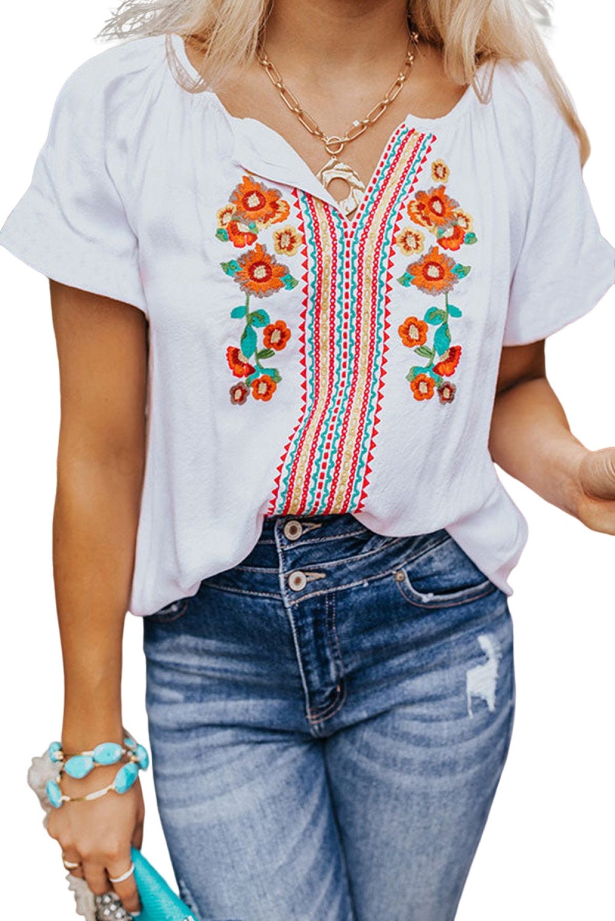 Short Sleeve V Neck Floral Embroidered Blouse