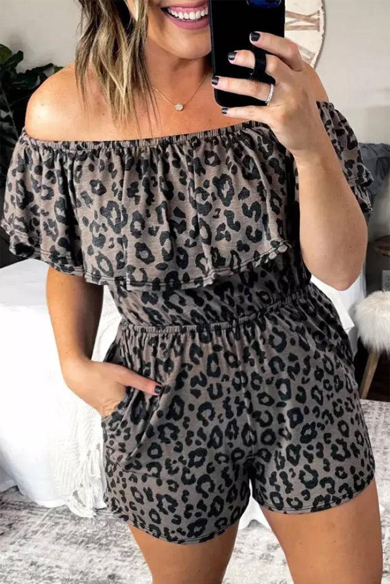 Leopard Off-Shoulder Romper With Pockets