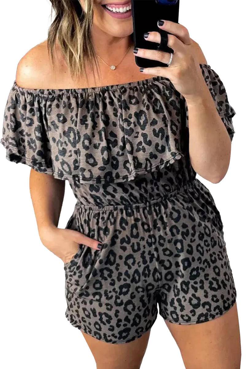 Leopard Off-Shoulder Romper With Pockets