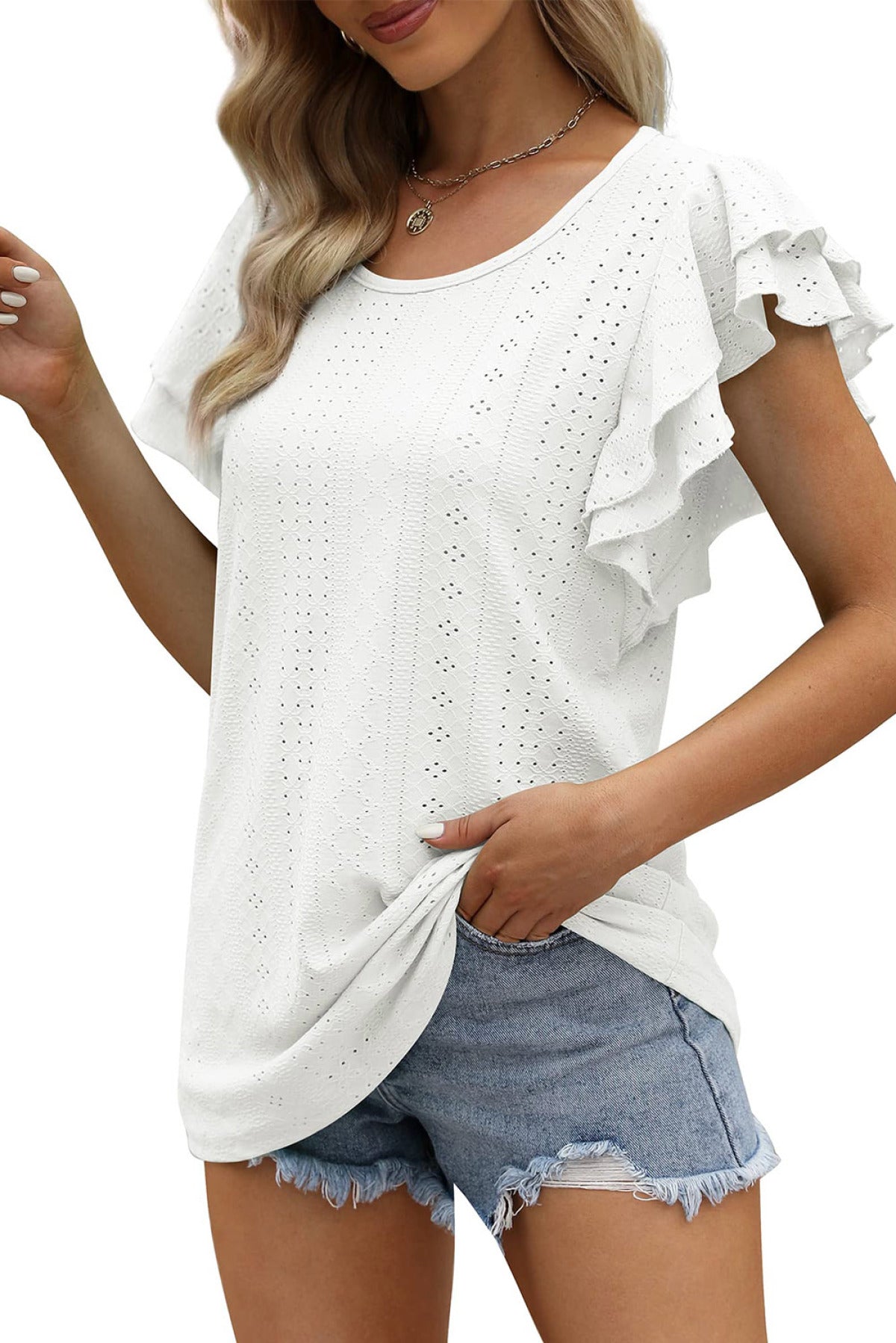 Rhombus Textured Ruffle Short Sleeve Blouse