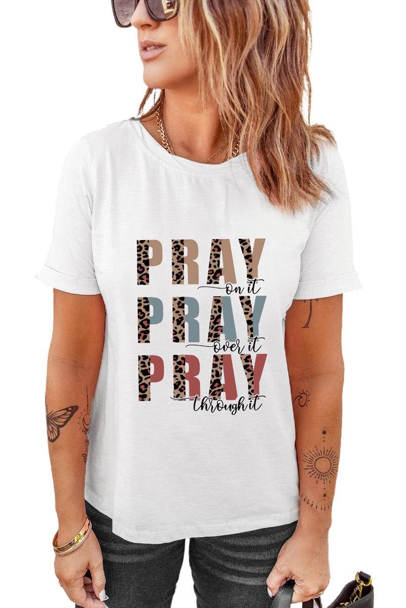 PRAY Leopard Letter Print Short Sleeve T-Shirt